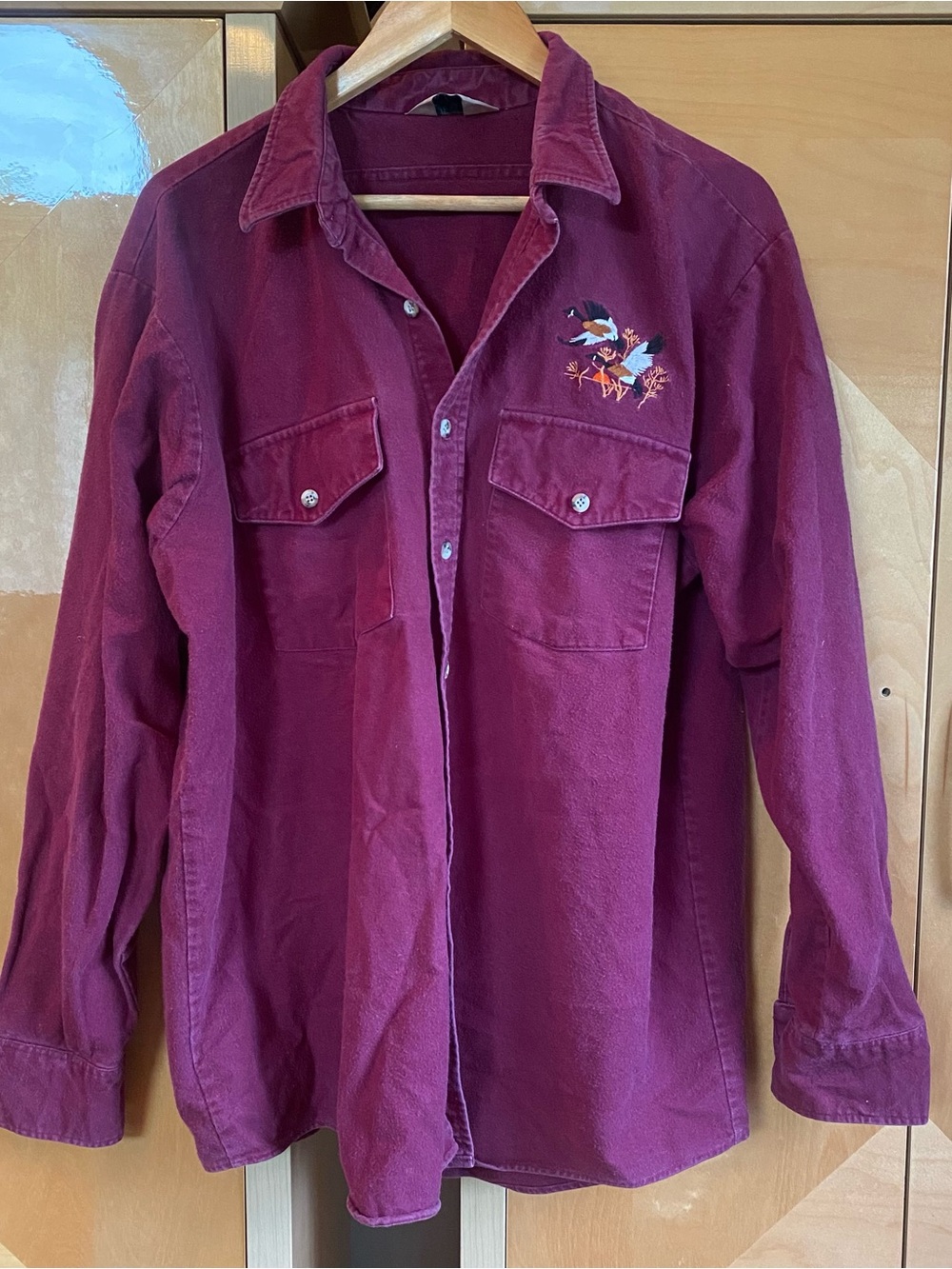 VTG Winter Run Mens Flannel Shirt Goose Geese Sunset Embroidered Maroon Large